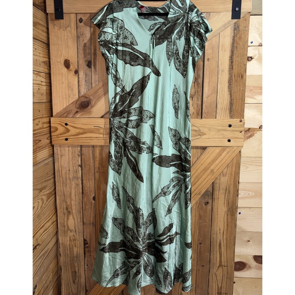 Y2K 90's Gemini Satin Mint‎ Green maxi dress floral leaf print Large